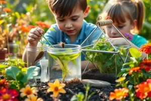 Crianças exploram a ciência ao ar livre, realizando experiências com água e plantas de forma divertida e educativa