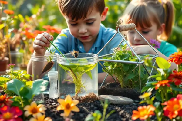 Crianças exploram a ciência ao ar livre, realizando experiências com água e plantas de forma divertida e educativa