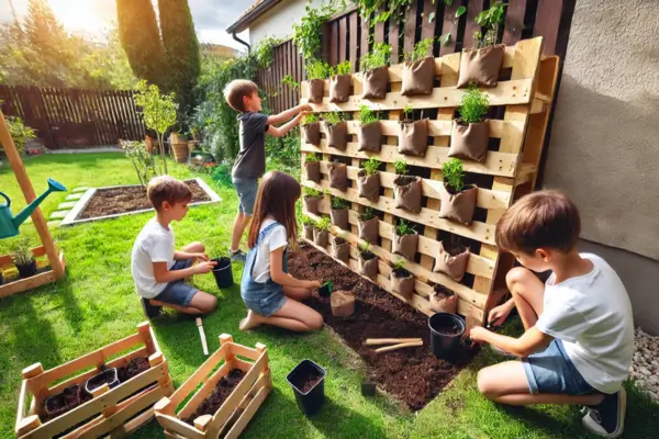 Crianças participando de atividades no quintal, montando um jardim vertical com paletes e vasos, enquanto aprendem sobre o cultivo de plantas em pequenos espaços de forma prática e divertida.