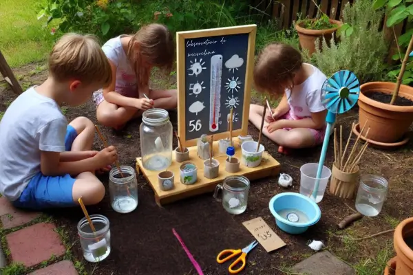 Crianças envolvidas em atividades de observação do clima, montando um pequeno observatório no jardim com instrumentos simples para medir temperatura, umidade e vento.