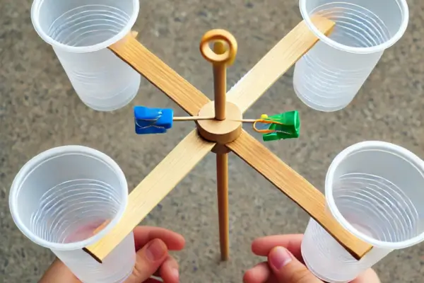 Crianças explorando a ciência ao ar livre, construindo um anemômetro simples com copos descartáveis e palitos para observar a força do vento de forma divertida e educativa!