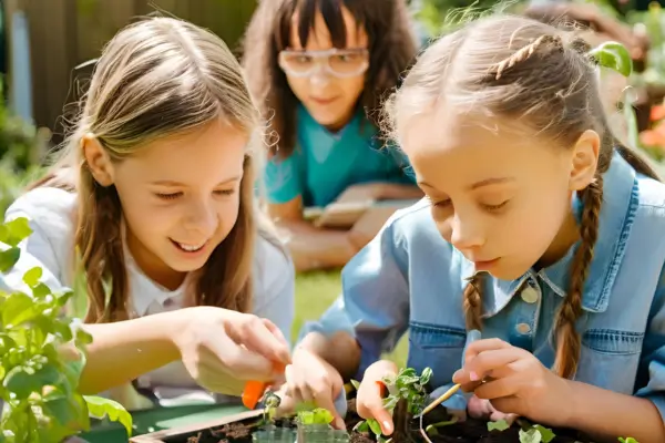 Meninas curiosas realizam um experimento com plantas, explorando a ciência de forma divertida e interativa ao ar livre.