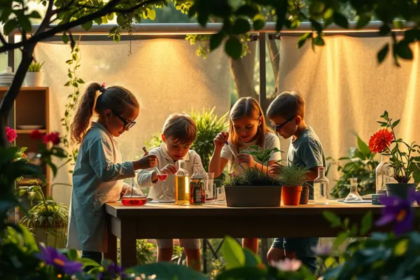 Descobrir fenômenos da natureza: crianças explorando o quintal enquanto realizam experiências científicas simples, usando materiais naturais e recicláveis de forma divertida e educativa.