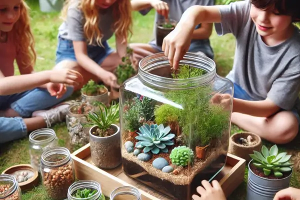 Crianças explorando a ciência ao ar livre enquanto criam um terrário, aprendendo sobre ecossistemas, solo e o crescimento das plantas de forma prática e divertida!