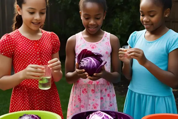 Meninas descobrindo o pH natural com repolho roxo, observando as cores mudarem em uma experiência de ciencia divertida e educativa