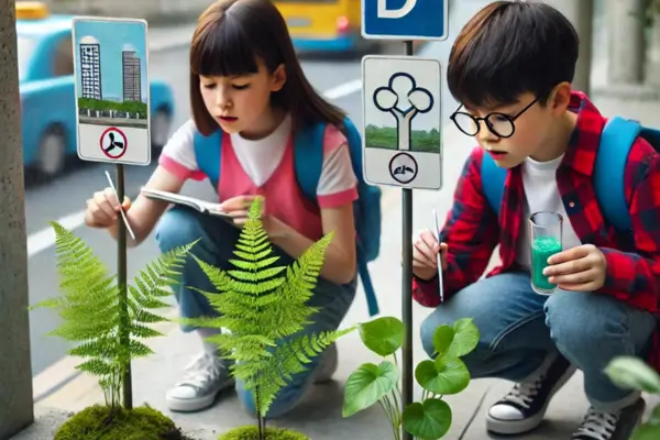 Crianças realizando um experimento com plantas como bioindicadores, comparando o impacto da qualidade do ar no crescimento das folhas em diferentes ambientes.