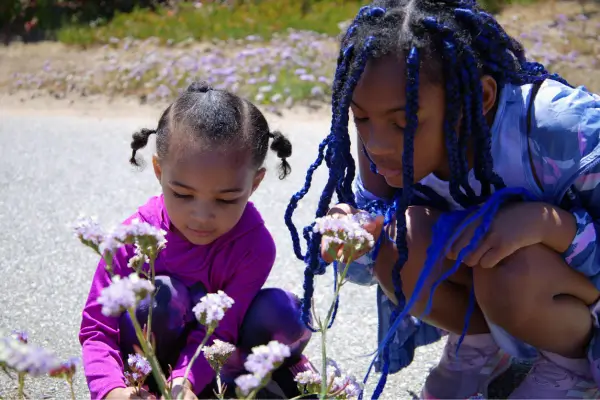 Crianças cheiram flores em um parque, explorando cores e aromas da natureza como exemplo de atividades sensoriais que estimulam o olfato e a percepção na infância