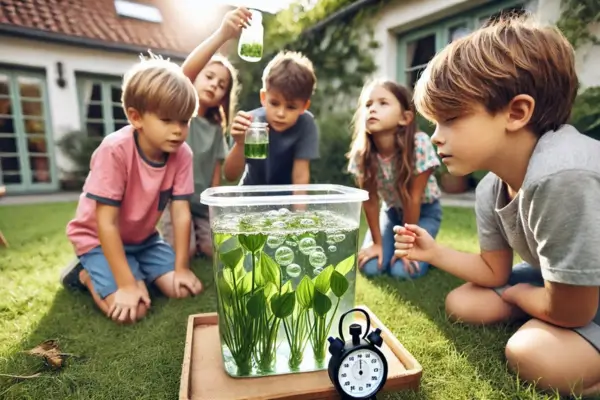 Crianças realizando experimentos ao ar livre, observando a fotossíntese em plantas aquáticas dentro de um recipiente transparente, acompanhando a liberação de oxigênio de forma simples e prática