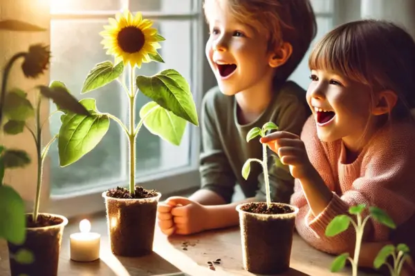 Crianças realizando experimentos de ciência, observando o fototropismo em ação ao comparar o crescimento das plantas em diferentes fontes de luz.