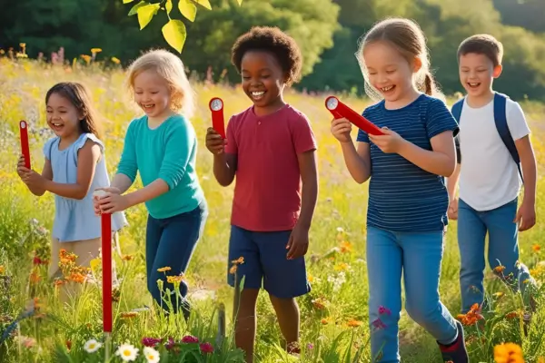 Crianças em caminhada na floresta medindo a temperatura do solo com termômetros, unindo exploração da natureza com aprendizado científico de forma divertida e prática.