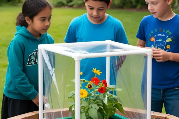 Crianças observando com curiosidade o experimento do crescimento de plantas em uma mini estufa caseira, acompanhando de perto os processos da natureza em uma atividade educativa e envolvente.
