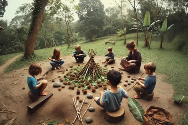 Crianças envolvidas em brincadeiras musicais ao ar livre, criando sons com itens naturais como gravetos, pedras e sementes, explorando ritmos e a criatividade em meio à natureza.