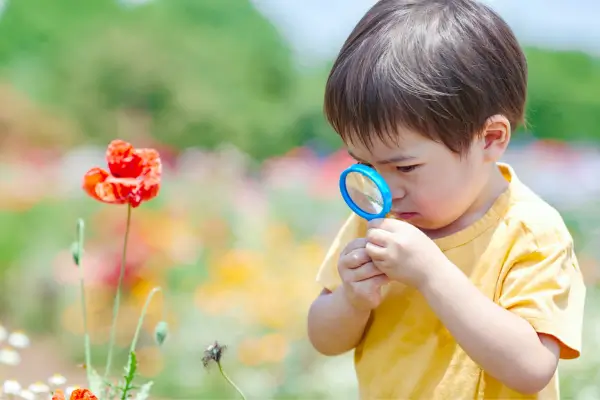 Criança pequena explorando o jardim com uma lupa, encantada ao observar de perto os detalhes das flores e descobrindo a beleza da natureza.