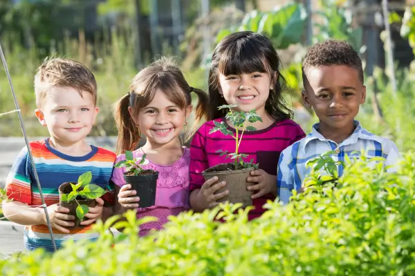 Crianças seguram nas mãos potes com plantas que elas mesmas plantaram, como exemplo dos benefícios da conexão com a natureza para o desenvolvimento infantil e a consciência ambiental.
