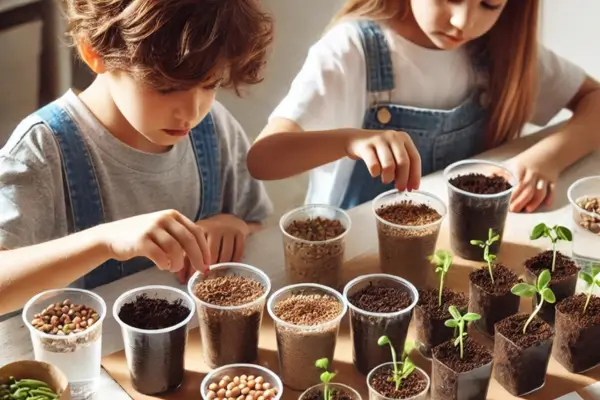 Crianças realizando experimentos para testar o impacto do solo no crescimento das plantas, comparando diferentes tipos de terra e medindo o desenvolvimento das mudas.