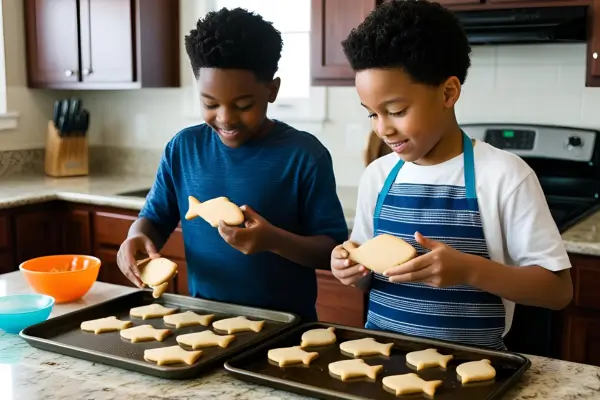 Crianças em atividade infantil preparando biscoitos em formato de peixes, estimulando a criatividade e o aprendizado através da culinária lúdica.