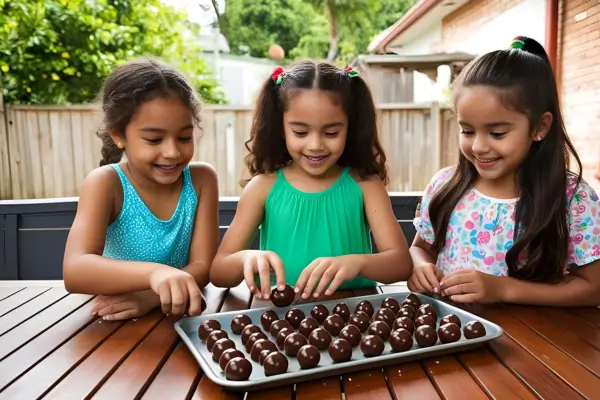 Crianças pequenas enrolando bolinhas de chocolate no jardim durante uma atividade de culinária divertida ao ar livre