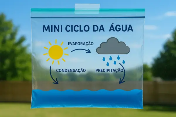 Saco plástico transparente colado em uma janela ensolarada, com água azul no fundo e ilustrações representando o mini ciclo da água: evaporação, condensação e precipitação.