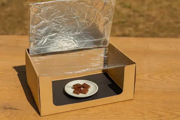 Caixa de papelão forrada com papel alumínio e papel preto, usada como forno solar para derreter chocolate em uma pequena receita educativa ao ar livre, demonstrando o uso da energia solar.