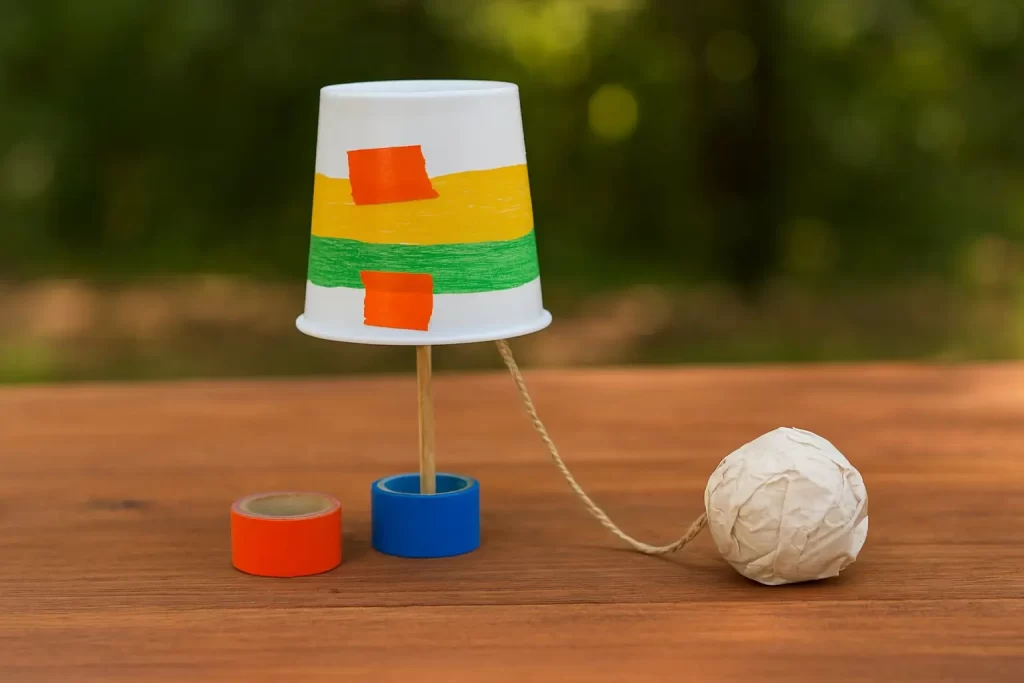 Bilboquê artesanal feito com copo reciclado, barbante e bolinha de papel reaproveitado, montado em uma atividade sustentável e divertida para crianças.
