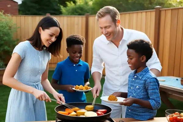 Família reunida no quintal preparando uma refeição juntos, cercada por ingredientes frescos e sorrisos — celebração de uma deliciosa culinária afetiva ao ar livre.