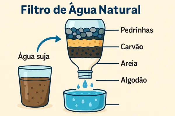 Ilustração de um filtro de água caseiro feito com garrafa cortada, mostrando camadas de algodão, areia, carvão e pedrinhas, com água suja sendo filtrada até ficar limpa. Experimento educativo sobre ecologia e purificação da água.