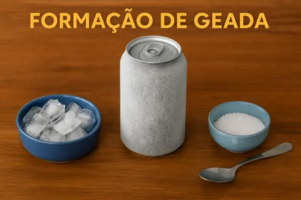 Lata de alumínio coberta de geada ao centro, com uma tigela de gelo à esquerda, uma tigela de sal e uma colher à direita, ilustrando o experimento de formação de geada.