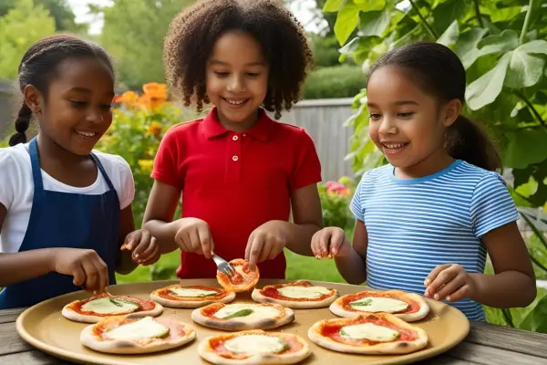 Meninas preparam mini pizzas no jardim, montando os ingredientes sobre a massa em uma atividade ao ar livre que estimula o prazer de cozinhar de forma divertida e natural.