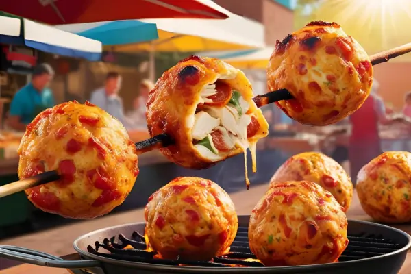 Bolinhas de pizza no palito assando na churrasqueira, em uma receita criativa e divertida para preparar ao ar livre, unindo sabor e brincadeira.