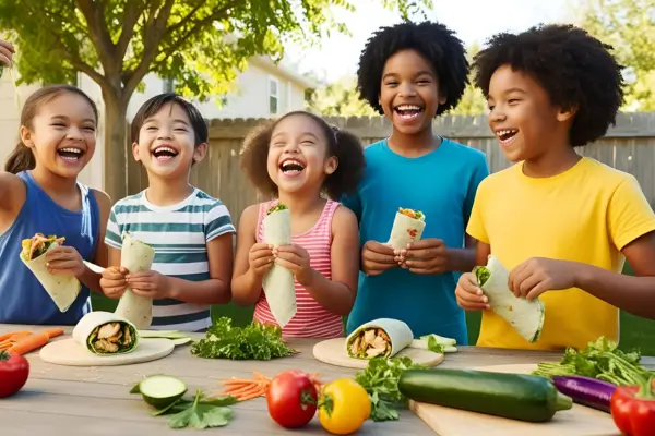 Crianças montam wraps de frango e legumes no jardim, participando de uma atividade prática e divertida que estimula o gosto por cozinhar e a alimentação saudável ao ar livre.