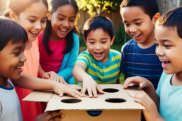 Crianças participam de atividades sensoriais ao ar livre, brincando com uma caixa de papelão decorada, inserindo as mãos pelos buracos para adivinhar objetos escondidos, em um espaço amplo e natural que estimula a curiosidade e os sentidos.