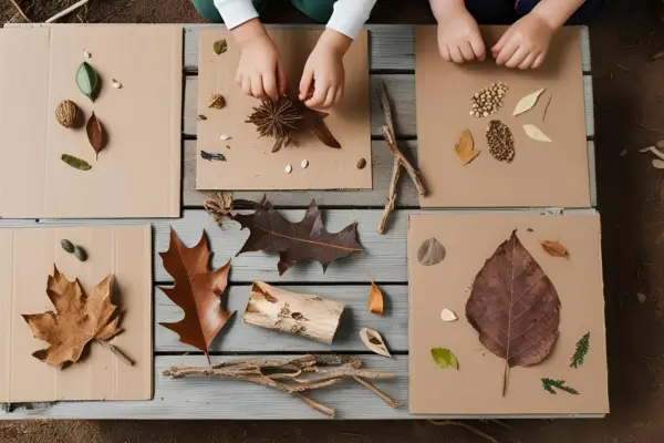 Crianças fazendo Colagem feita com folhas secas, sementes e galhos sobre papel reciclado, criada em uma atividade artística para crianças explorarem a criatividade usando elementos da natureza.