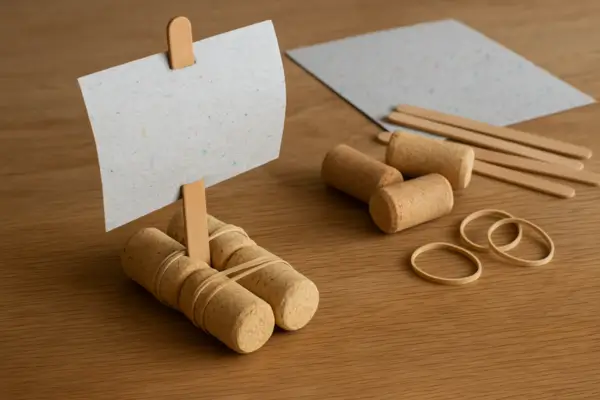 Barco artesanal feito com rolhas, palito de picolé e vela de papel reciclado, construído em uma atividade sustentável para crianças aprenderem sobre reaproveitamento de materiais.