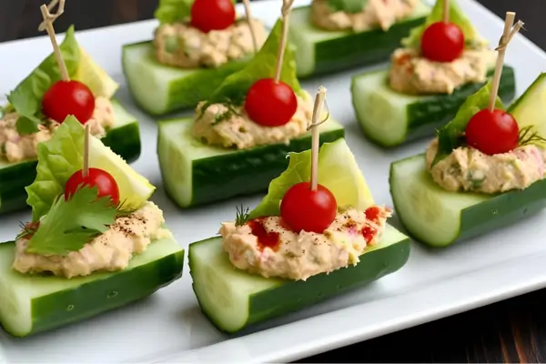 Barquinhos de pepino recheados com patês coloridos, servidos em um prato rústico ao ar livre, como parte de uma atividade de culinária divertida para crianças.