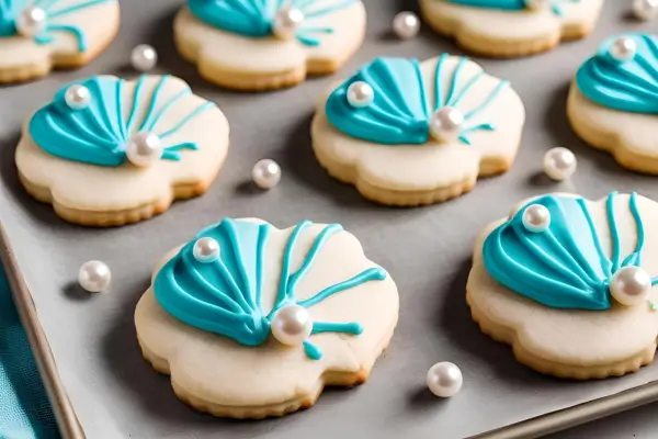 Biscoitos conchas com glacê azul e pérolas comestíveis, como se tivessem saído de uma história encantada de sereias e oceanos mágicos