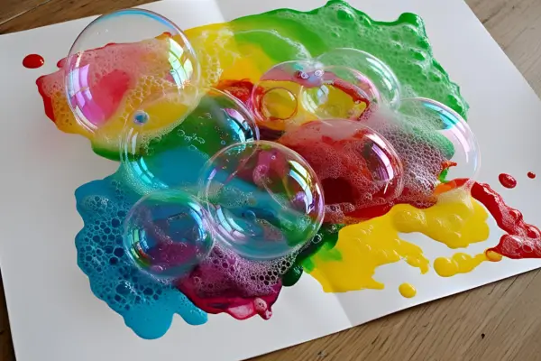 Pintura abstrata em papel feita com bolhas de sabão coloridas, resultado de projetos criativos que exploram arte e experimentação ao ar livre.