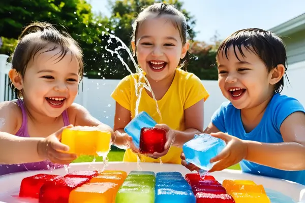 Crianças brincando com gelo colorido feito com pigmentos naturais, criando pinturas ao ar livre em uma atividade de artesanato que une criatividade, sensorialidade e contato com a natureza.