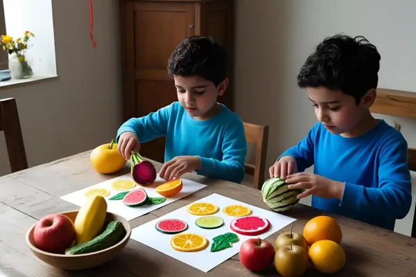 Crianças usando frutas e legumes como carimbos para criar estampas coloridas em papel, em uma atividade de arte que estimula a criatividade, a coordenação motora e o uso de materiais naturais de forma lúdica.