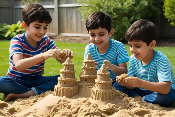 Garotos no jardim construindo castelos de areia, explorando formas e estruturas em uma atividade que estimula a criatividade, a imaginação e o brincar ao ar livre
