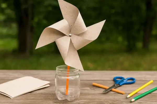 Cata-vento artesanal feito com papel reciclado, preso a um canudo e apoiado em uma garrafa cortada, criado em uma atividade prática para ensinar crianças sobre reutilização de materiais e energia do vento.