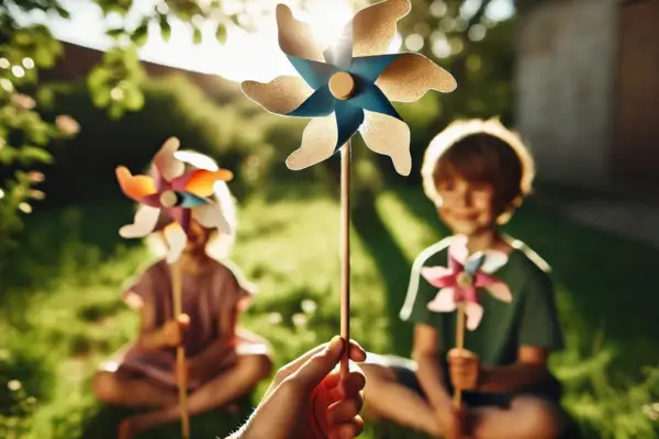 Cataventos coloridos feitos com papel e materiais reutilizáveis, criados em projetos manuais que incentivam a sustentabilidade e a criatividade infantil.