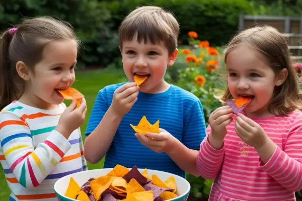 Crianças pequenas no quintal comendo chips coloridos de legumes durante um lanche ao ar livre