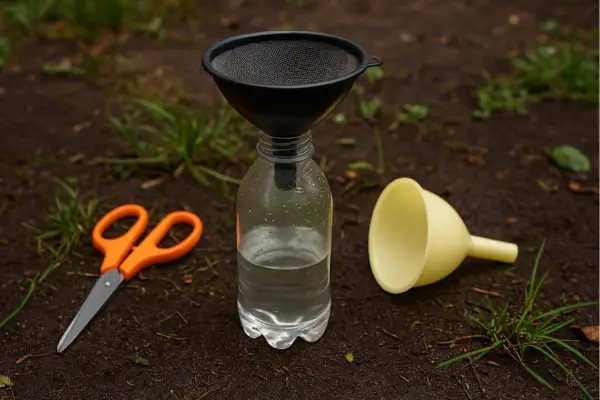 Sistema de coleta de água da chuva feito com garrafa PET, funil e tela fina, montado ao ar livre sobre o solo úmido, como parte de uma atividade ecológica que ensina a reutilização da água de forma sustentável.