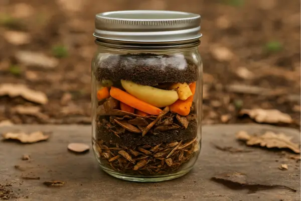 Pote de vidro com tampa contendo camadas de terra, restos de alimentos e folhas secas, utilizado em um experimento de compostagem para ensinar crianças sobre a decomposição e o cuidado com o meio ambiente.