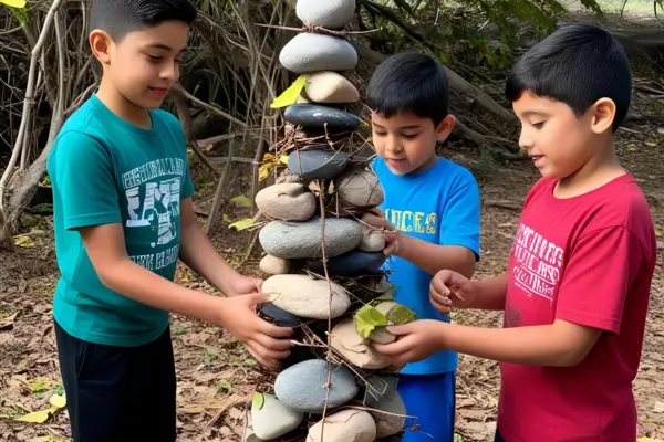Crianças constroem juntas uma torre com pedras, gravetos e folhas durante uma gincana ao ar livre, estimulando o trabalho em equipe, a criatividade e a conexão com a natureza por meio da brincadeira.