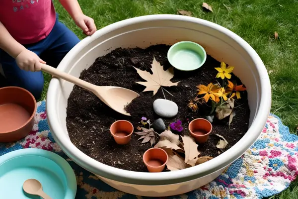 Terra, folhas e flores reunidas em uma bacia, formando uma mini cozinha natural para crianças brincarem de preparar receitas imaginárias.