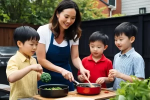 Mãe e filhos preparando uma receita juntos no quintal, transformando a cozinha em uma brincadeira divertida ao ar livre.