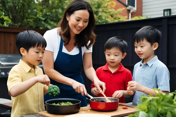 Mãe e filhos preparando uma receita juntos no quintal, transformando a cozinha em uma brincadeira divertida ao ar livre.