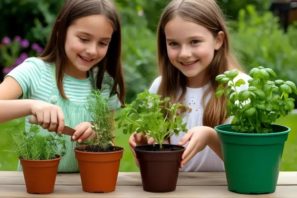 Meninas plantam ervas em potes coloridos durante uma atividade criativa ao ar livre, aprendendo sobre cultivo, sustentabilidade e o ciclo dos alimentos.