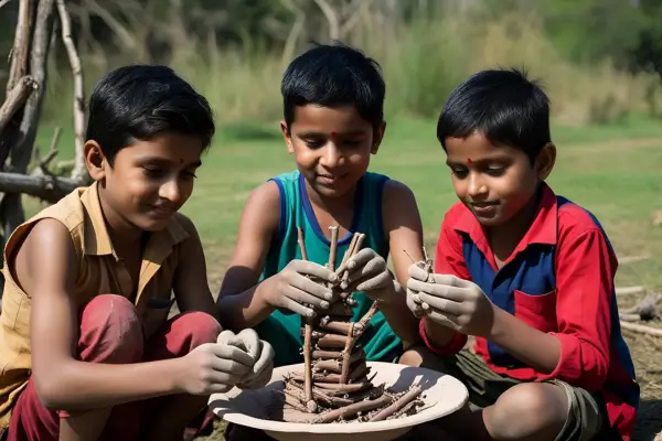 Crianças modelando esculturas com barro e galhos em um ambiente ao ar livre, explorando formas e texturas em um estúdio de arte natural que estimula a criatividade e o contato com a terra.